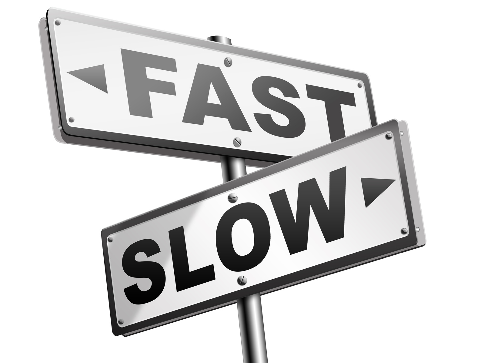fast or slow pace, lane or living faster or slower speed stop rat race and adapt to slower lifestyle take your time do it easy road sign arrow